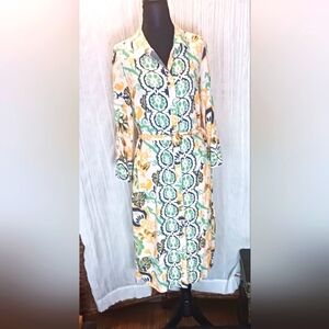 Blue and Green Button Down Shirt with Notched Collar and Tie Front Rayon Linen